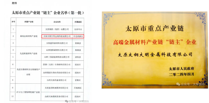 Taiyuan Daming als führendes Unternehmen der Industriekette ausgewählt