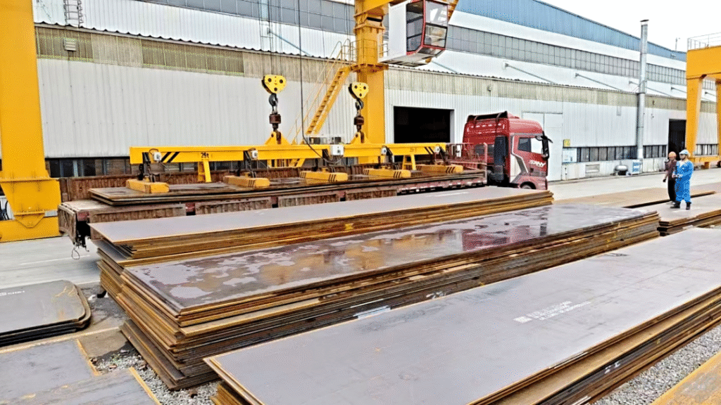 Steel plates being loaded for delivery Steel plates being loaded for delivery