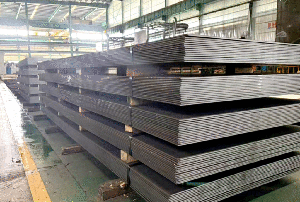 Steel plates stacked in storage at the workshop Steel plates stacked in storage at the workshop