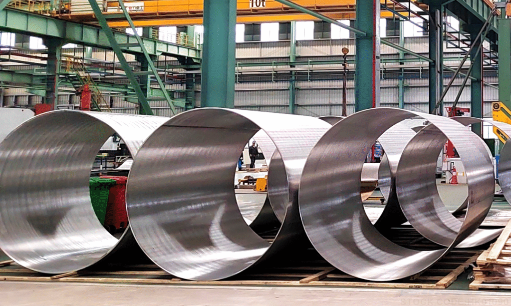 Large diameter stainless steel cylinder shells prepared for inspection and assembly 1