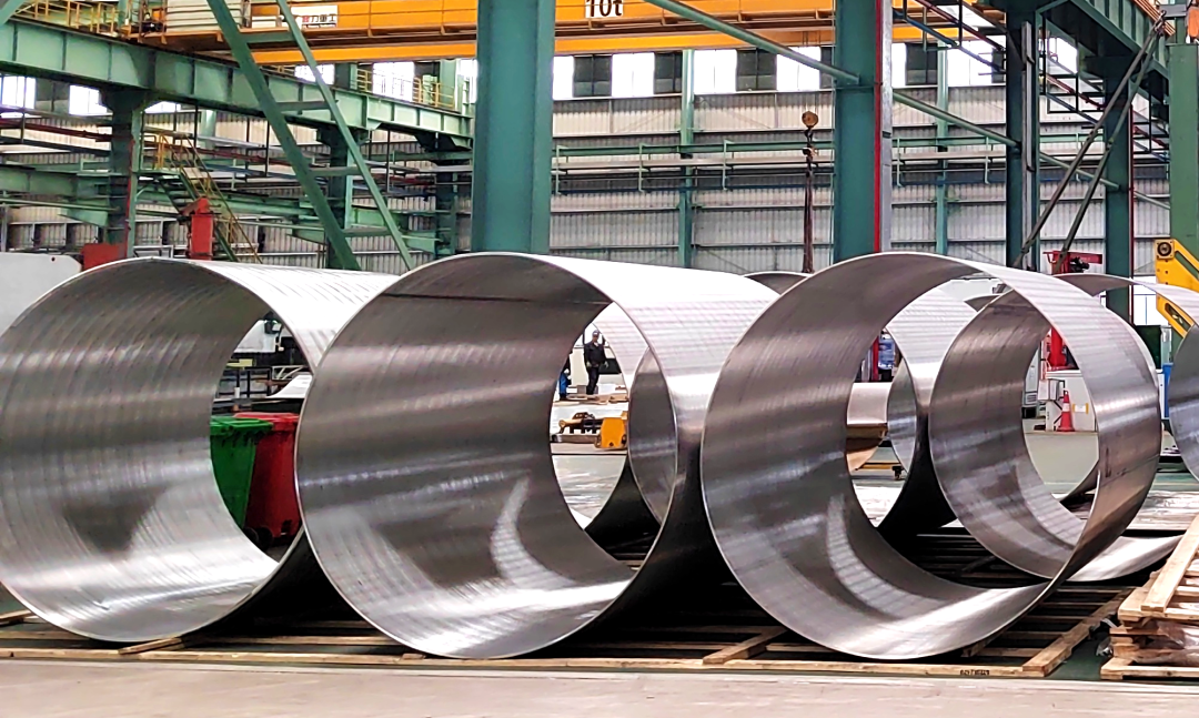 Large diameter stainless steel cylinder shells prepared for inspection and assembly 1